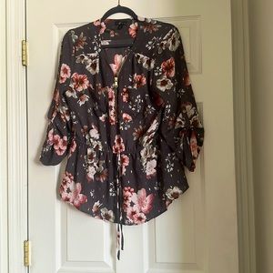 Gray and Pink Floral Long Sleeve Zipper Blouse